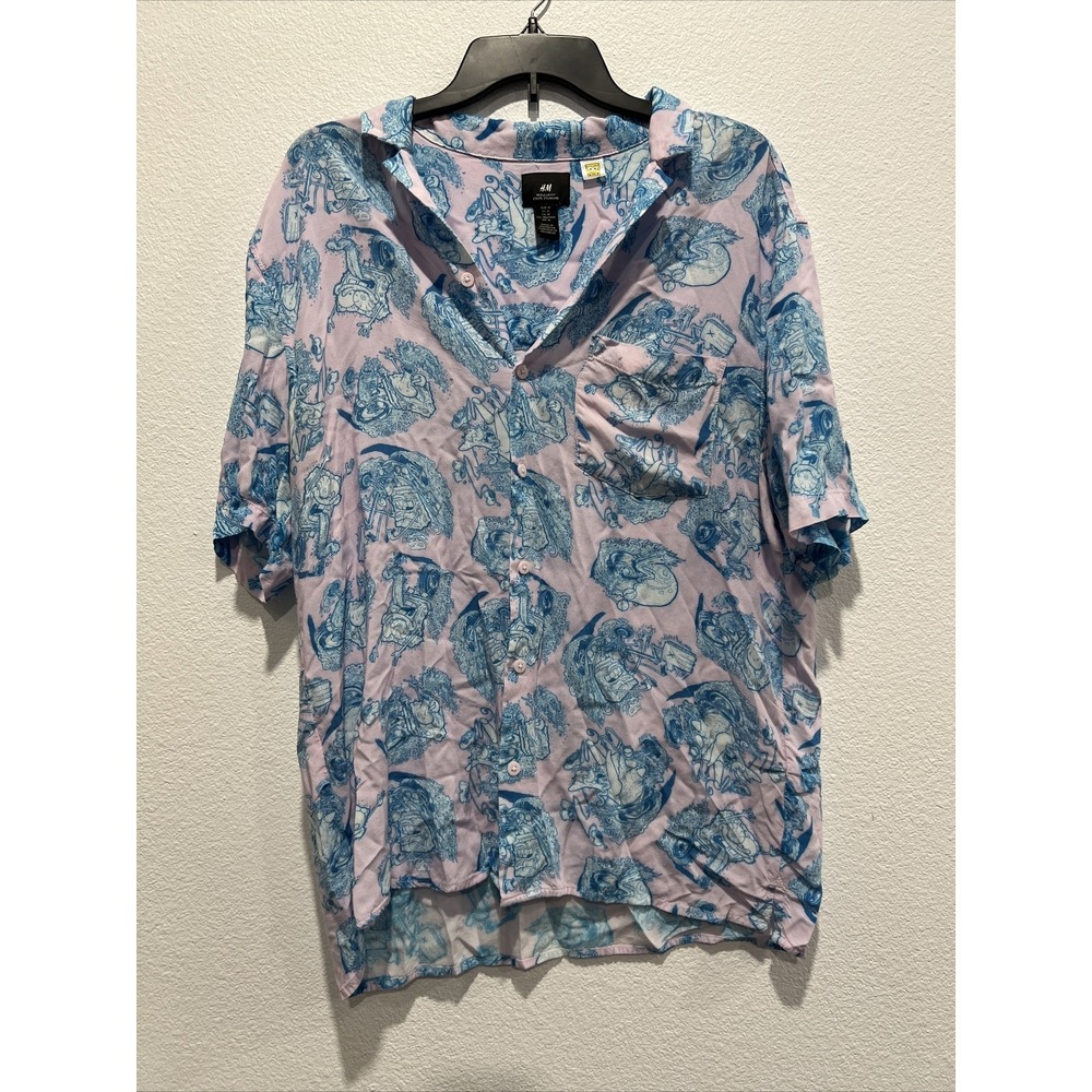H&M SpongeBob Hawaiian Shirt Mens Blue Resort Wear Button Up Size Medium